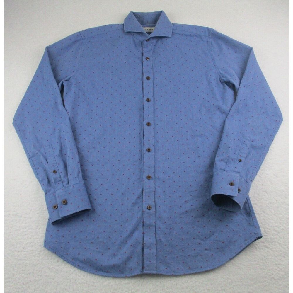 Twillory Shirt Size L Long Sleeve Blue Button Up Red Embroidered Dots 16.5 36/37